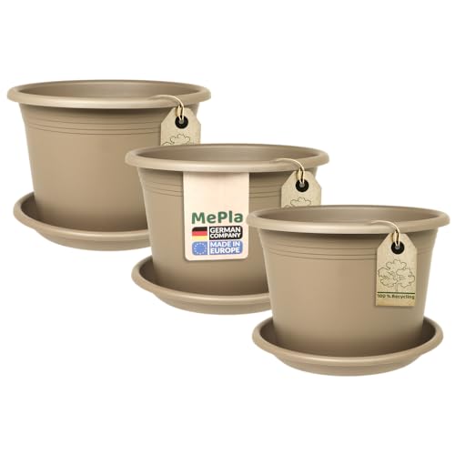 MePla 3 x Set Blumentopf Cylindro ø30cm + Untersetzer ø29cm Taupe, wetterfest aus UV-beständigem Kunststoff von MePla