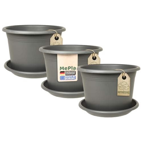 MePla 3 x Set Blumentopf Cylindro ø60cm + Untersetzer ø58cm Anthrazit, wetterfest aus UV-beständigem Kunststoff von MePla