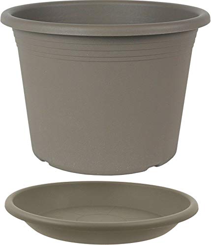 MePla - Blumentopf Pflanzkübel Cylindro ø60 cm + Untersetzer ø58 cm, Taupe, wetterfest aus UV-beständigem Kunststoff von MePla