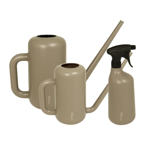 MePla - Set Gießkanne Pilea 3,8L + 1.8L + Sprüher 1,0L - Taupe, wetterfest aus UV-beständigem Kunststoff von MePla