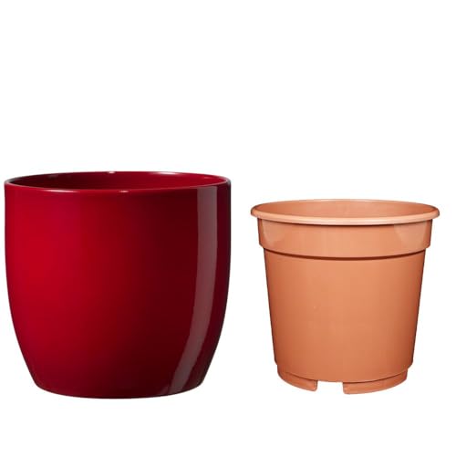 Set - SK Soendgen Keramikübertopf Basel ø12 cm, Bordeaux glänzend + Kulturtopf ø10, hochwertiges Wohnambiente von MePla