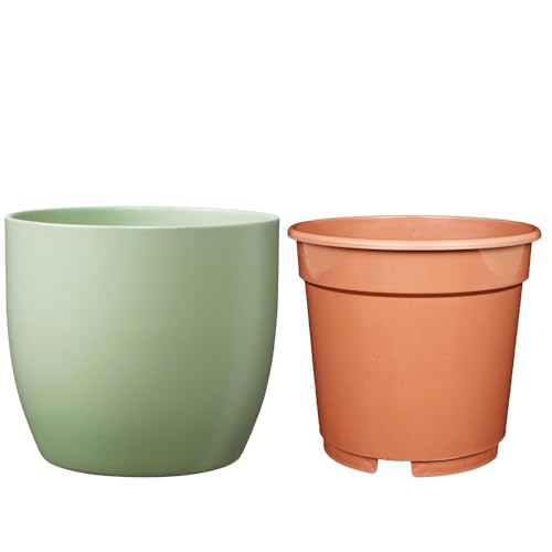Set - SK Soendgen Keramikübertopf Basel ø13 cm, lindgrün matt + Kulturtopf ø12, hochwertiges Wohnambiente von MePla