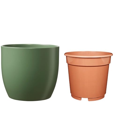 Set - SK Soendgen Keramikübertopf Basel ø12 cm, moosgrün matt + Kulturtopf ø10, hochwertiges Wohnambiente von MePla