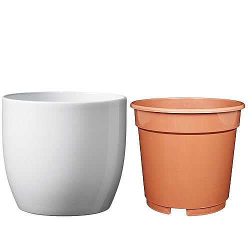 Set - SK Soendgen Keramikübertopf Basel ø13 cm, Weiss glänzend + Kulturtopf ø12, hochwertiges Wohnambiente von MePla