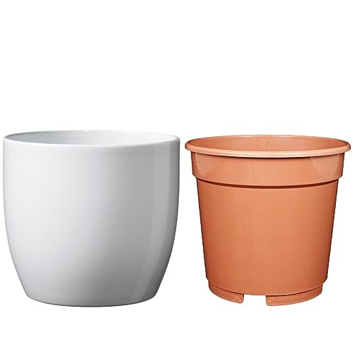 Set - SK Soendgen Keramikübertopf Basel ø16 cm, Weiss glänzend + Kulturtopf ø15, hochwertiges Wohnambiente von MePla