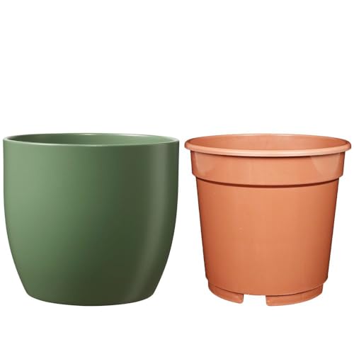 Set - SK Soendgen Keramikübertopf Basel ø19 cm, moosgrün matt + Kulturtopf ø18, hochwertiges Wohnambiente von MePla