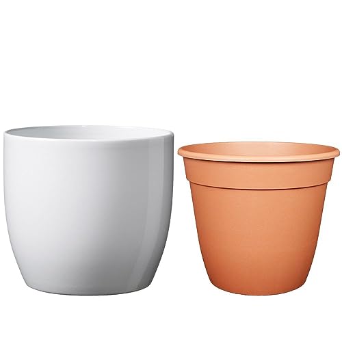 Set - SK Soendgen Keramikübertopf Basel ø21 cm, Weiss glänzend + Pflanztopf ø20, hochwertiges Wohnambiente von MePla