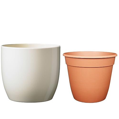Set - SK Soendgen Keramikübertopf Basel ø24 cm, Vanilla glänzend + Pflanztopf ø22, hochwertiges Wohnambiente von MePla
