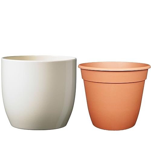 Set - SK Soendgen Keramikübertopf Basel ø27 cm, Vanilla glänzend + Pflanztopf ø26, hochwertiges Wohnambiente von MePla