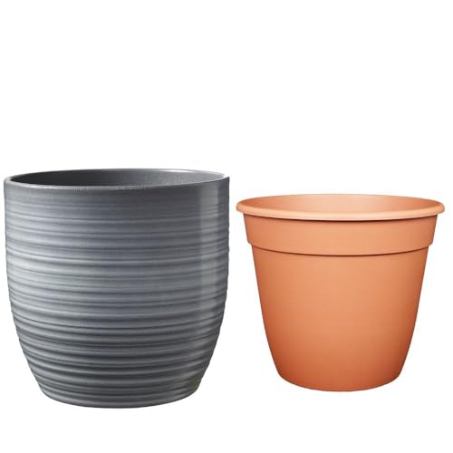 Set - SK Soendgen Keramikübertopf Bergamo ø13 cm, hellgrau glänzend + Pflanztopf ø12, hochwertiges Wohnambiente von MePla