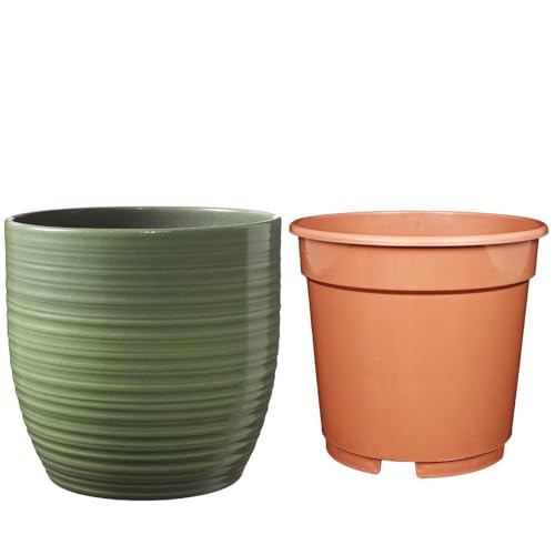 Set - SK Soendgen Keramikübertopf Bergamo ø16 cm, blattgrün glänzend + Kulturtopf ø15, hochwertiges Wohnambiente Set - SK Soendgen Keramikübertopf Bergamo ø16 cm, blattgrün glänzend + Kulturtopf ø15, hochwertiges Wohnambiente von MePla