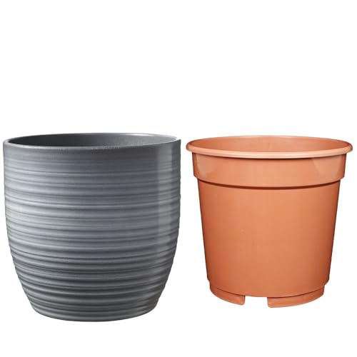 Set - SK Soendgen Keramikübertopf Bergamo ø16 cm, hellgrau glänzend + Kulturtopf ø15, hochwertiges Wohnambiente von MePla