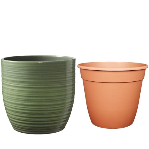 Set - SK Soendgen Keramikübertopf Bergamo ø21 cm, blattgrün glänzend + Pflanztopf ø20, hochwertiges Wohnambiente von MePla