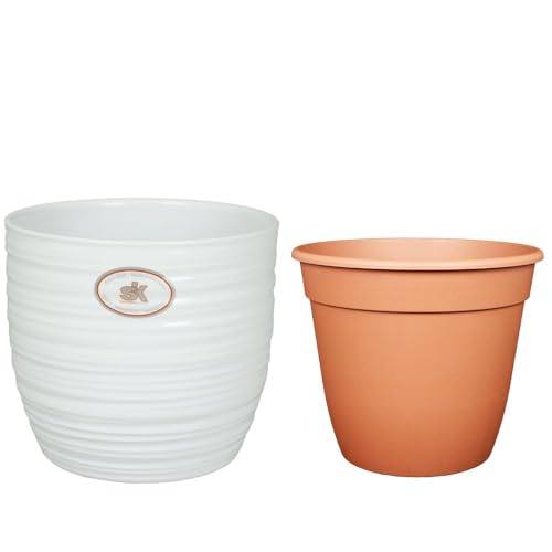 Set - SK Soendgen Keramikübertopf Bergamo ø24 cm, weiß glänzend + Pflanztopf ø22, hochwertiges Wohnambiente von MePla