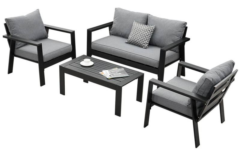 MeXo Gartenlounge-Set Gartenmöbel Set 4 Personen Aluminium wetterfest Hochlehner 4 Sitzer, (einteiliges 10cm Premium-Sitzkissen, 4-tlg., Gartentisch 100x50cm), Gartenset 4 personen Ergonomisches Design, moderne Café-Ecke Alu von MeXo