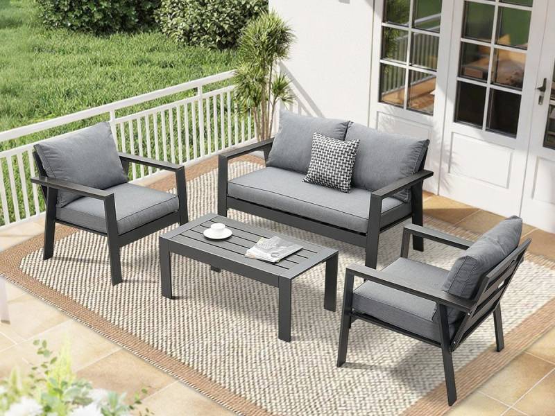 MeXo Gartenlounge-Set Gartenmöbel Set 4 Personen Aluminium wetterfest Hochlehner 4 Sitzer, (einteiliges 10cm Premium-Sitzkissen, 4-tlg., Gartentisch 100x50cm), Gartenset 4 personen Ergonomisches Design, moderne Café-Ecke Alu von MeXo