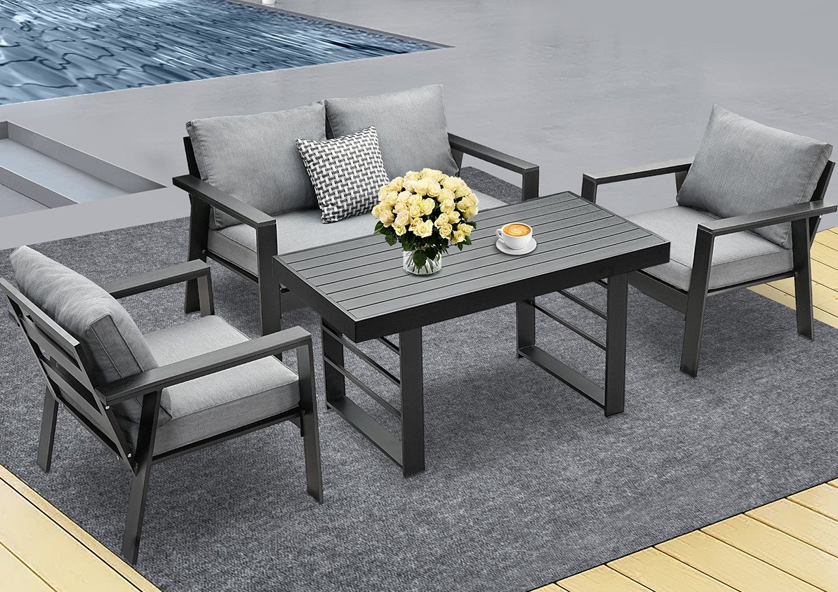 MeXo Gartenlounge-Set Gartenmöbel Set Aluminium Loungeset für Terrasse Balkon, (Set, 4-tlg., 1×2-Sitzer Sofa, 2×Einzelsessel, 1×Esstisch, 7×Auflagen), wetterfest Sitzgruppe Essgruppe Gartengarnitur für 3-4 Personen von MeXo