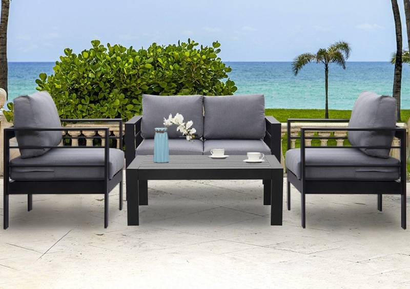 MeXo Gartenlounge-Set Balkonmöbel Set 4 Personen Terrassenmöbel Set Aluminium wetterfest, (12cm Deluxe Relax-Sitzkissen, 4-tlg., Belastbarkeit pro Sitzplatz 140kg), Gartenmöbel Set Alu für balkon, Luxus Relax, Tischplatte aus WPC von MeXo