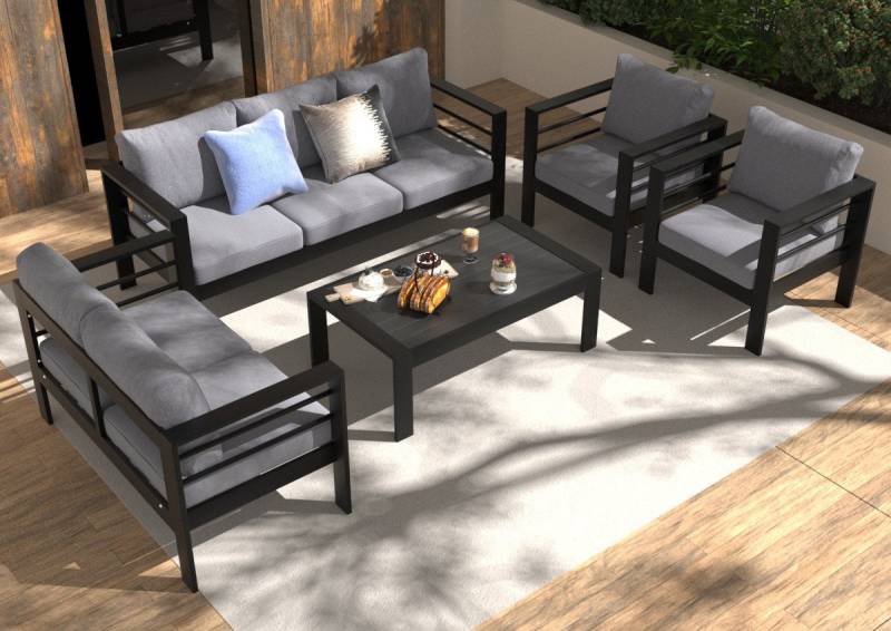 MeXo Gartenlounge-Set Terrassenmöbel Set 6-7 Personen Aluminium outdoor wetterfest, (12cm Deluxe Relax-Sitzkissen, Belastbarkeit pro Sitzplatz 140kg), Gartenmöbel Set Alu mit Tisch, Luxus Relax, Tischplatte aus WPC von MeXo