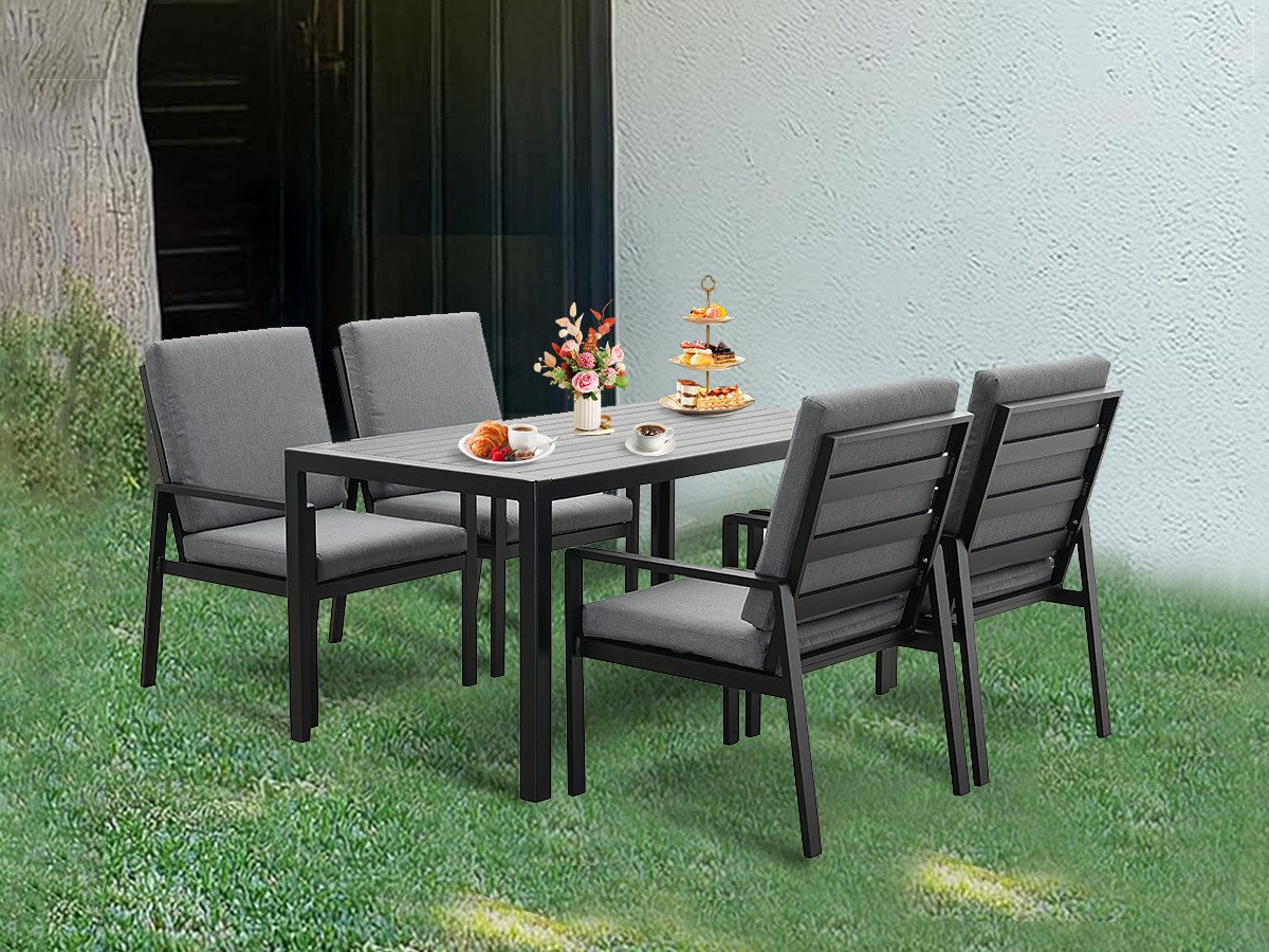 MeXo Gartenlounge-Set Gartenmöbel Set aus Aluminium mit Esstisch, (wetterfest, hoher Sitzkomfort, 5-tlg., bis 140 kg belastbar), mit pflegeleichte Polywood-Tischplatte, geeignet für 4 Personen von MeXo