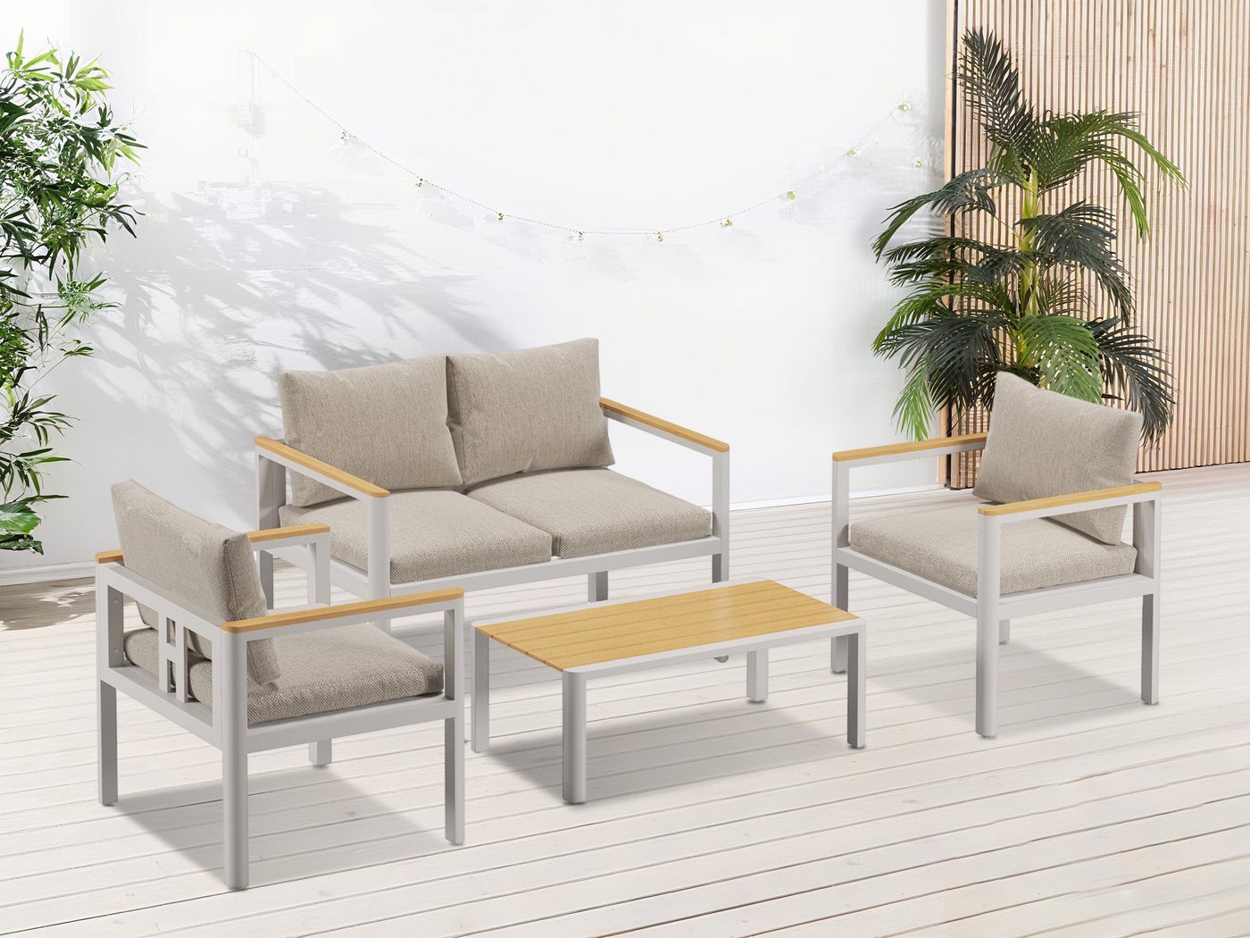 MeXo Gartenlounge-Set, (Gartenmöbel Set Aluminium, 4-tlg., mit 2-Sitzer Lounge, Einzelsessel & Couchtisch), wetterfest, abnehmbare Kissen, Polywood-Tischplatte von MeXo