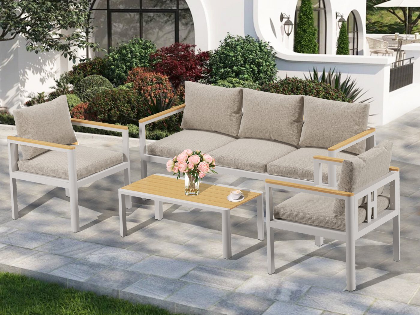 MeXo Gartenlounge-Set, (Gartenmöbel Set Aluminium, 4-tlg., mit 3-Sitzer Lounge, Einzelsessel & Couchtisch), wetterfest, abnehmbare Kissen, Polywood-Tischplatte von MeXo