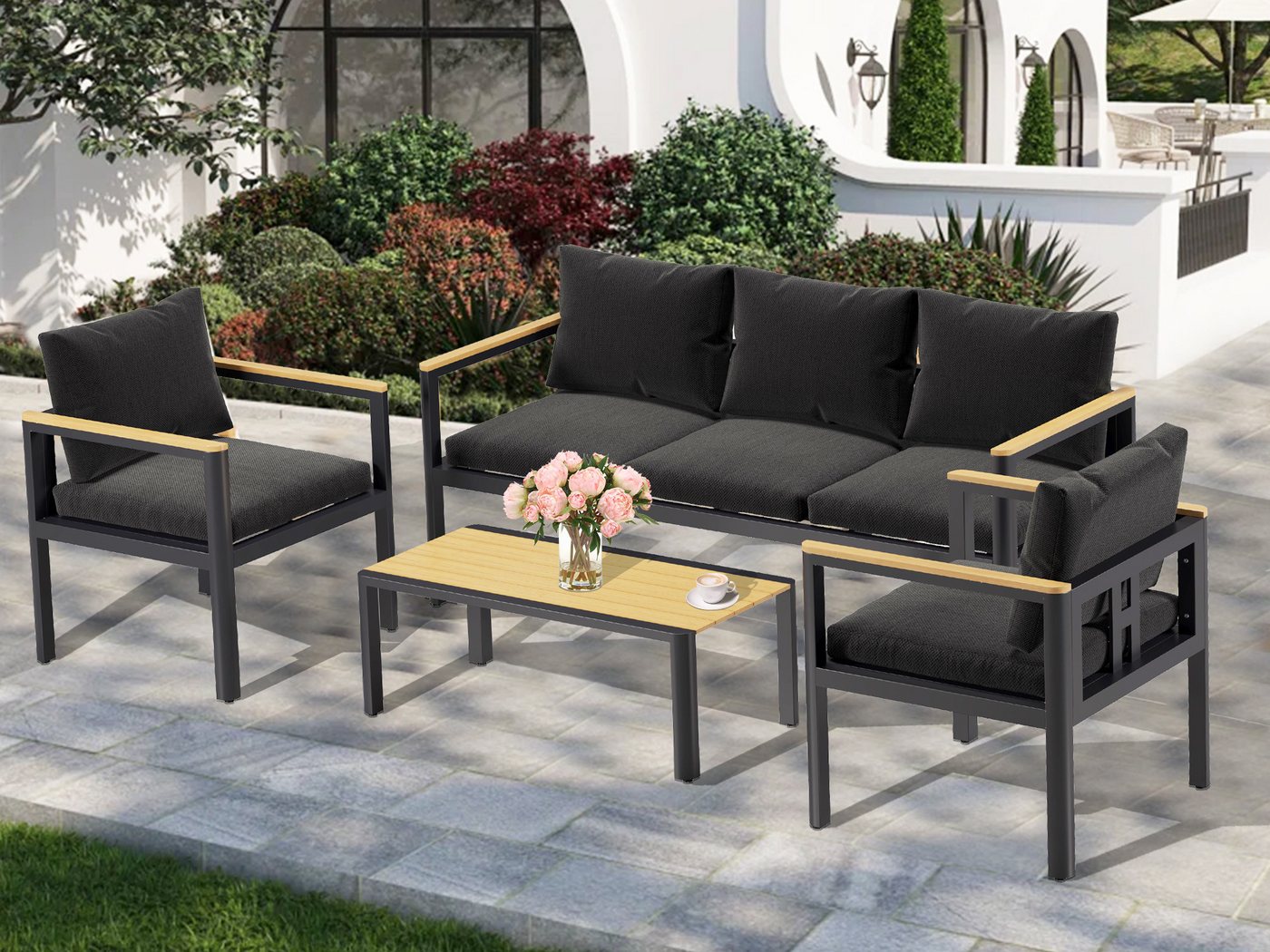 MeXo Gartenlounge-Set, (Gartenmöbel Set Aluminium, 4-tlg., mit 3-Sitzer Lounge, Einzelsessel & Couchtisch), wetterfest, abnehmbare Kissen, Polywood-Tischplatte von MeXo