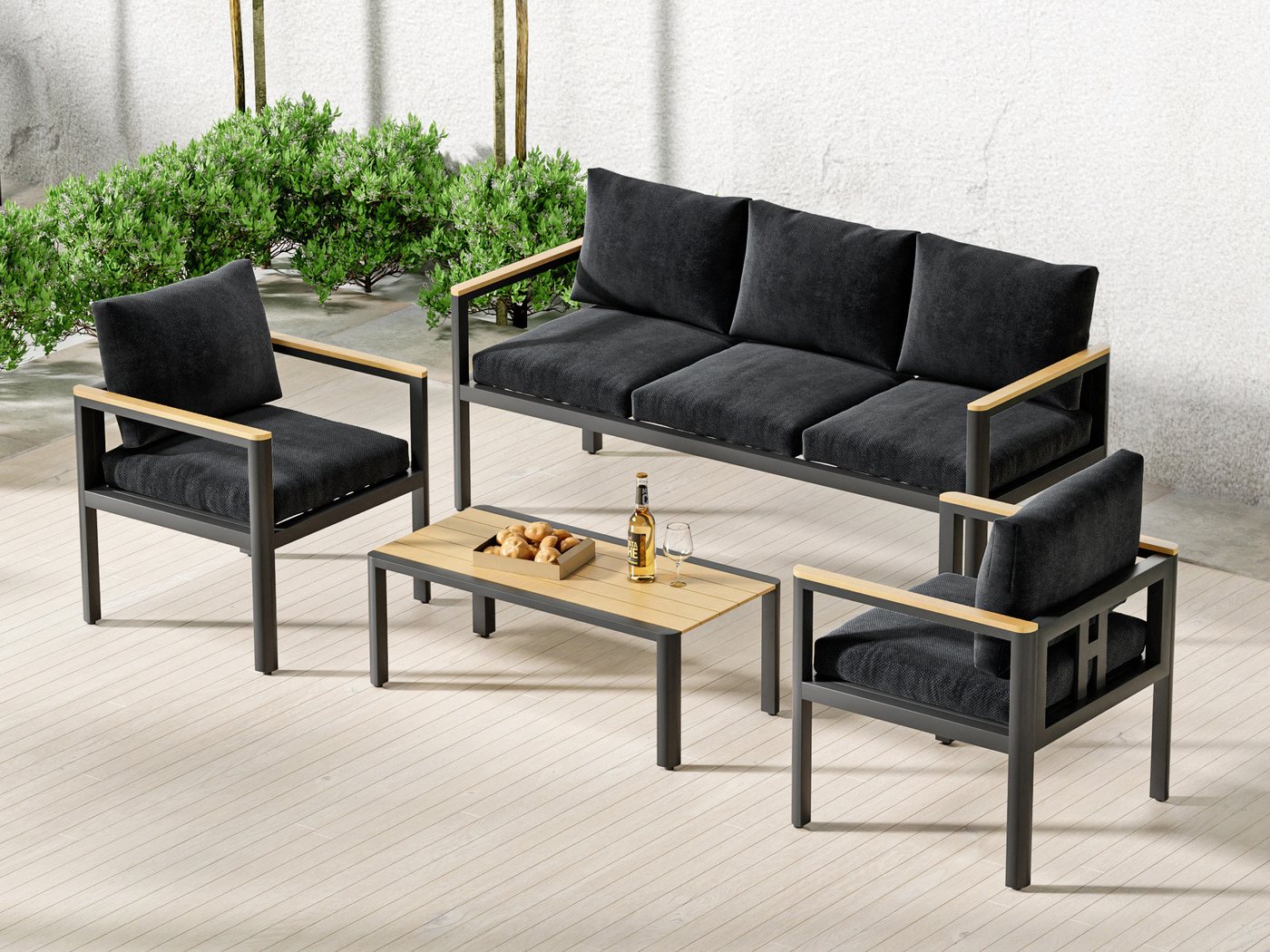 MeXo Gartenlounge-Set, (Gartenmöbel Set Aluminium, 4-tlg., mit 3-Sitzer Lounge, Einzelsessel & Couchtisch), wetterfest, abnehmbare Kissen, Polywood-Tischplatte von MeXo