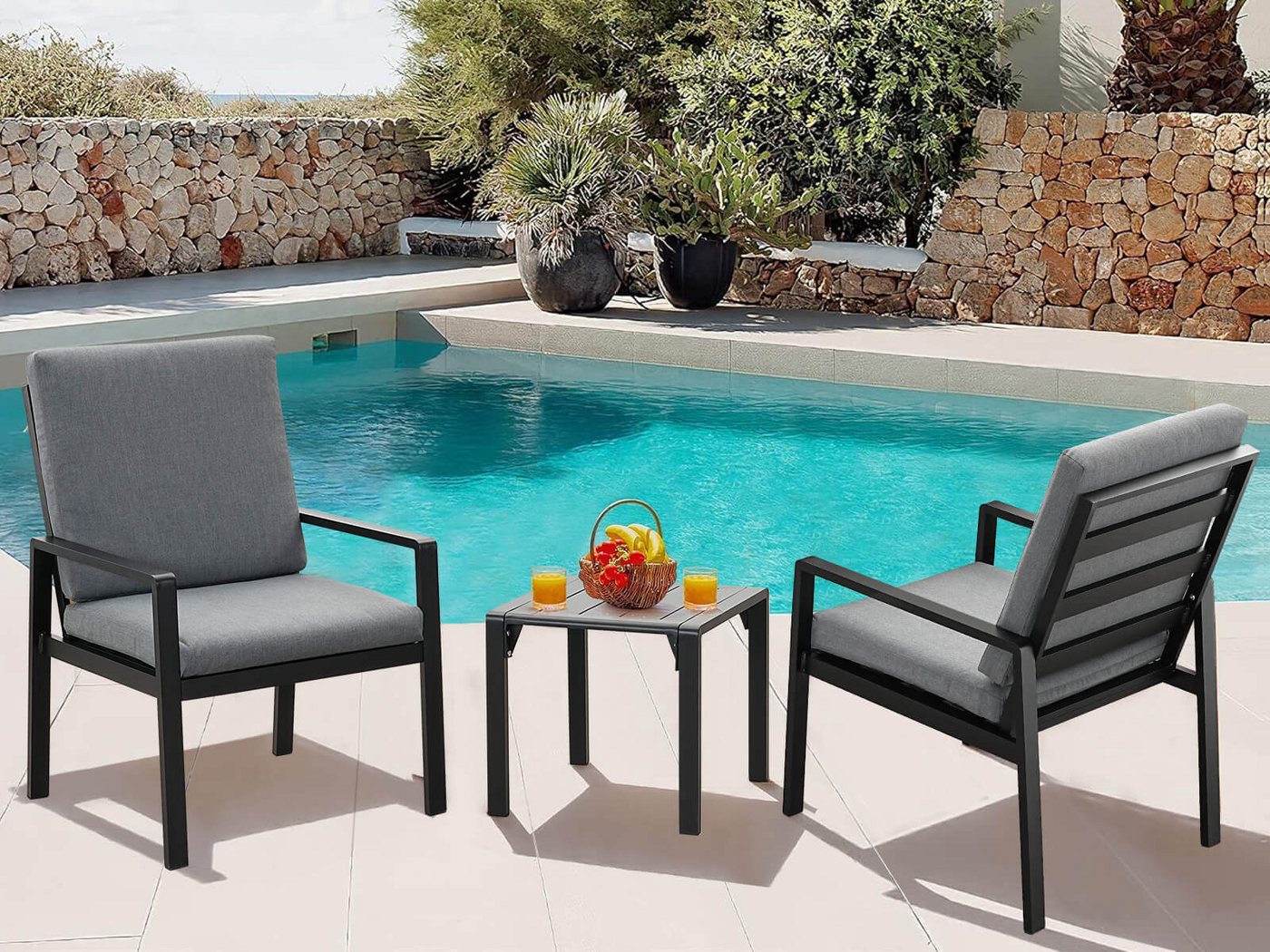 MeXo Gartenlounge-Set Aluminium Gartenmöbel-Set, (Balkonmöbel Set, 3-tlg., 2 Sessel, 1 Couchtisch, inkl.Auflagen), Wetterfest Loungemöbel Sitzgruppe von MeXo