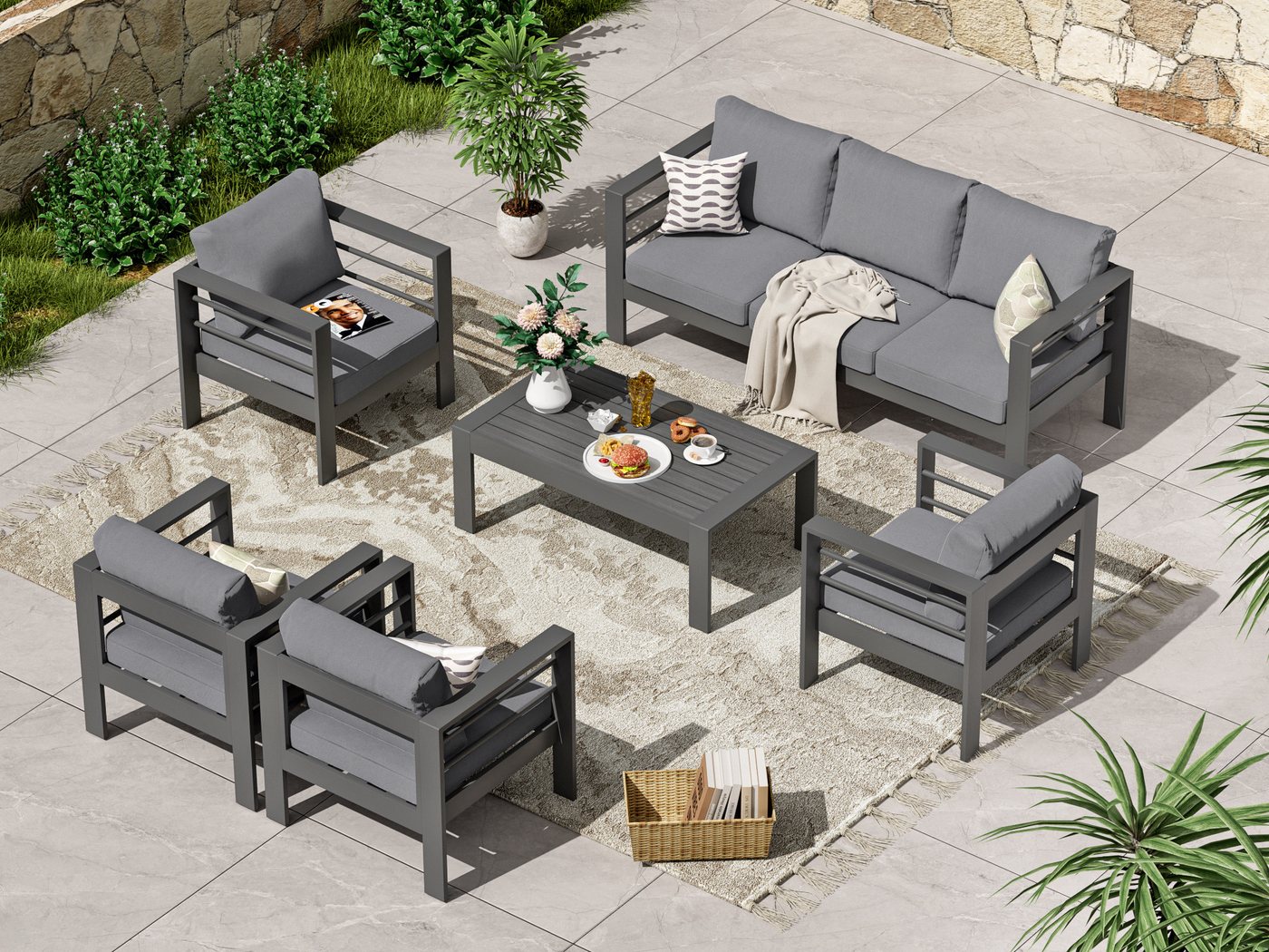 MeXo Gartenlounge-Set Aluminium Gartenmöbel Set Outdoor, (Gartenmöbel Set, 6-tlg., 1×3-Sitzer Sofa, 2×Sessel, 1×Tisch, 10×Auflagen), wetterfest Sitzgruppe Essgruppe Gartengarnitur für 4-5 Personen von MeXo