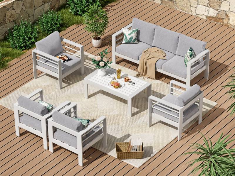 MeXo Gartenlounge-Set XXL Gartenmöbel Set Aluminium Outdoor, (Set, 6-tlg., 1×3-Sitzer Sofa, 4×Sessel, 1×Tisch, 14×Auflagen), wetterfest Sitzgruppe Essgruppe Gartengarnitur für 6-7 Personen von MeXo