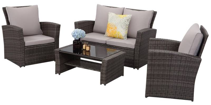 MeXo Gartenlounge-Set Balkonmöbel Set für 4 Personen, (Poly Rattan Gartenmöbel Set, 4-tlg., Lounge-Sets mit 2-Sitzer Sofa, 2 Sessel und Tisch mit Stauraum), wetterfeste Terrassenmöbel Set für kleiner Balkon von MeXo