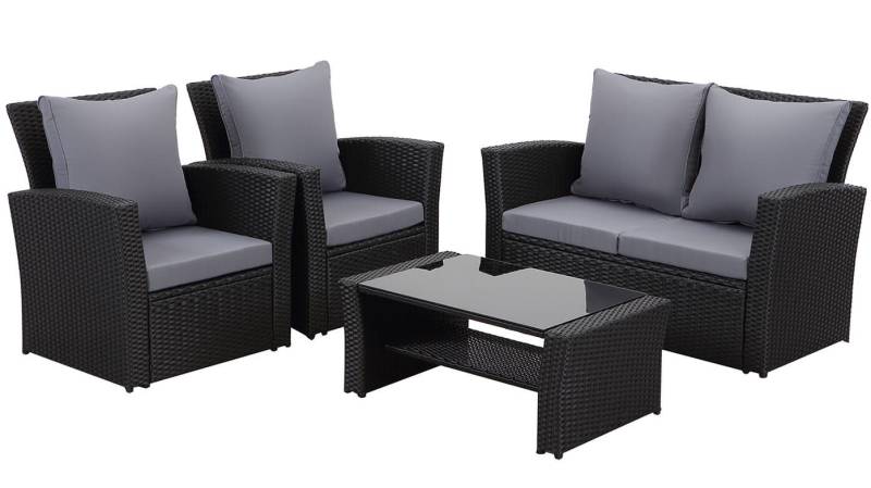MeXo Gartenlounge-Set Balkonmöbel Set für 4 Personen, (Poly Rattan Gartenmöbel Set, 4-tlg., Lounge-Sets mit 2-Sitzer Sofa, 2 Sessel und Tisch mit Stauraum), wetterfeste Terrassenmöbel Set für kleiner Balkon von MeXo