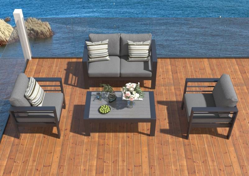 MeXo Gartenlounge-Set Balkonmöbel Set 4 Personen Terrassenmöbel Set Aluminium wetterfest, (12cm Deluxe Relax-Sitzkissen, 4-tlg., Belastbarkeit pro Sitzplatz 140kg), Gartenmöbel Set Alu für balkon, Luxus Relax, Tischplatte aus WPC von MeXo