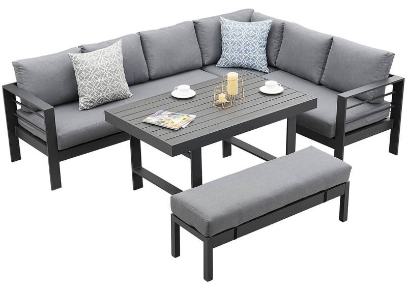 MeXo Gartenlounge-Set Gartenmöbel Set Aluminium, (Gartenlounge Ecklounge, 5-tlg., 3 Ecksofas, 1 Bank, 1 Esstisch, 11 dicke Kissen), Wetterfest Terrassenmöbel Set für 8 Personen von MeXo