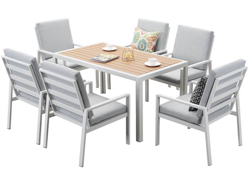 MeXo Gartenlounge-Set Gartenmöbel Set Aluminium, (Garten Essgruppe für 6 Personen, 7-tlg., 6 Sessel, 1 Esstisch, inkl. Auflagen), Sitzgruppe Gartengarnitur Set wetterfest und platzsparende von MeXo