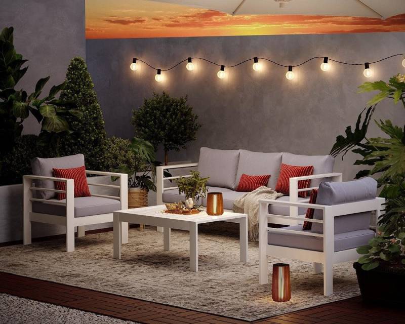MeXo Gartenlounge-Set Gartenmöbel Set 4-5 Personen Aluminium outdoor wetterfest, (weiß, harmonieren mit Licht bei Nacht, 4-tlg., Passt zum skandinavischen, mediterranen oder minimalistischen Stil), 12cm Deluxe Relax-Sitzkissen, Terrassenmöbel Set mit Tisch von MeXo