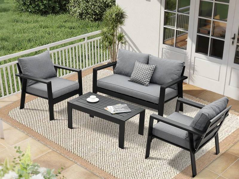 MeXo Gartenlounge-Set Gartenmöbel Set 4 Personen Aluminium wetterfest Hochlehner 4 Sitzer, (einteiliges 10cm Premium-Sitzkissen, 4-tlg., Gartentisch 100x50cm), Gartenset 4 personen Ergonomisches Design, moderne Café-Ecke Alu von MeXo