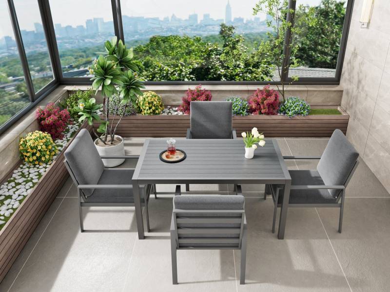 MeXo Gartenlounge-Set Gartenmöbel Set Aluminium, hoher Sitzkomfort, (wetterfeste Lounge Sitzgruppe, 5-tlg., 4 x Gartenstühle, 1 x Esstisch 140x80x70 cm), Outdoor Essgruppe für Terrasse & Garten für 4 Personen von MeXo