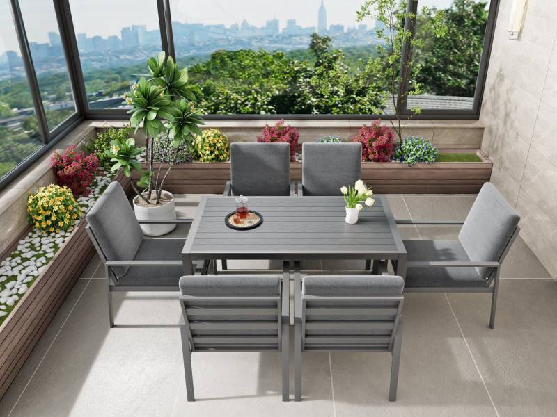MeXo Gartenlounge-Set Gartenmöbel Set Aluminium, hoher Sitzkomfort, (wetterfeste Lounge Sitzgruppe, 7-tlg., 6 x Gartenstühle, 1 x Esstisch 140x80x70 cm), Outdoor Essgruppe für Terrasse & Garten für 6 Personen von MeXo