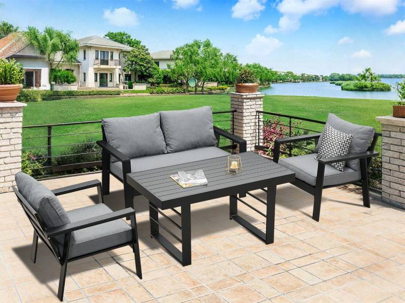 MeXo Gartenlounge-Set Gartenmöbel Set Aluminium 4 Personen bequeme Lehne, (Garten Essgruppe, 76 cm Extra breite Sitze mit Ergonomische Rückenlehnen, 4-tlg., Esstisch 130x66x66cm), wetterfest Balkonmöbel set, Dining Lounge, Tischplatte aus WPC von MeXo