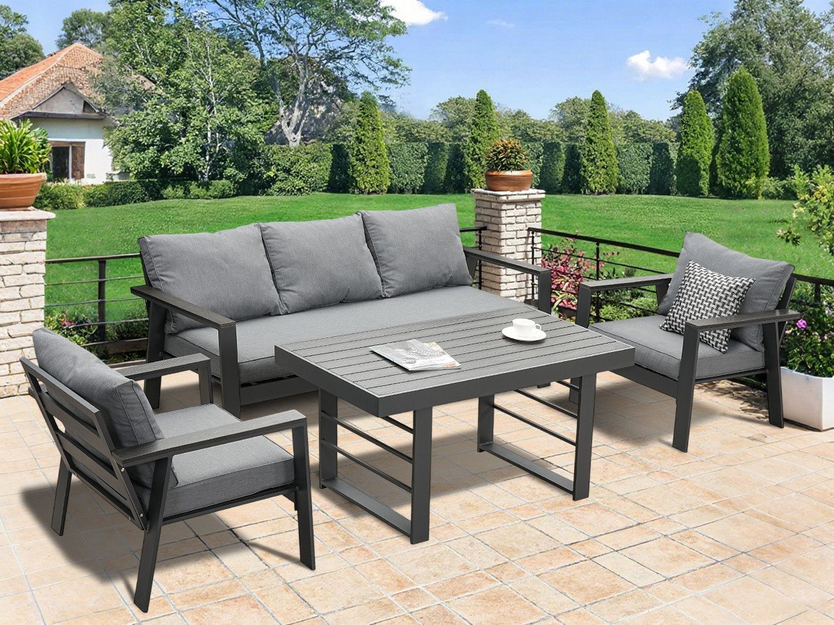 MeXo Gartenlounge-Set Gartenmöbel Set Aluminium 5-6 Personen, (Sitzgruppe Garten, 76 cm Extra breite Sitze mit Ergonomische Rückenlehnen, 4-tlg., Belastbarkeit pro Sitzplatz 140kg), Garten Esstisch outdoor für Garten, Balkon oder Terrasse von MeXo