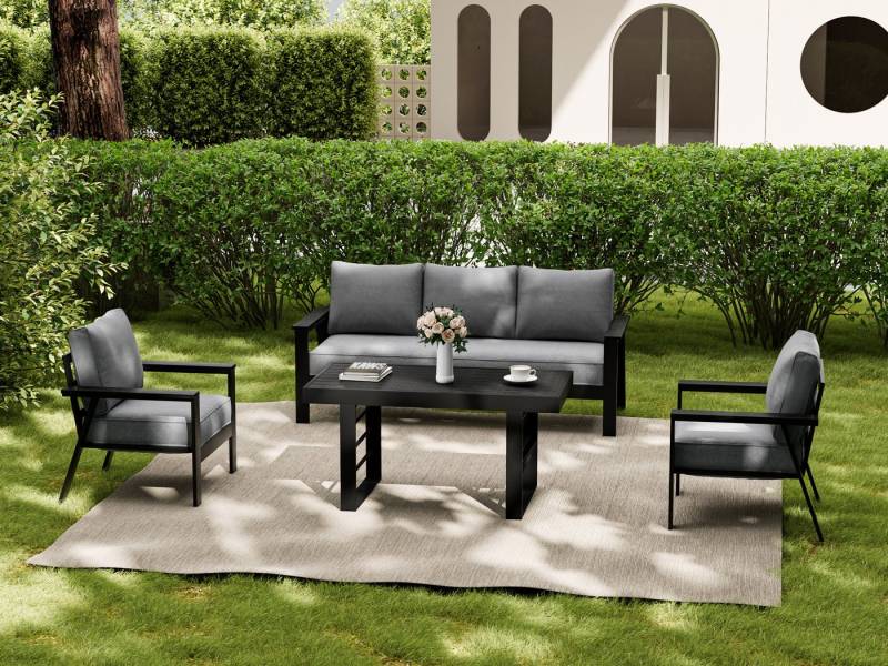 MeXo Gartenlounge-Set Aluminium 5-6 Personen, (wetterfestes Gartenmöbel Set, mit dicken Kissen & großem Esstisch, 4-tlg., Belastbarkeit pro Sitzplatz 140kg), gemütliche Sitzgruppe für Terrasse, Balkon & Wintergarten von MeXo