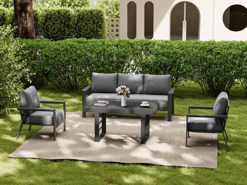MeXo Gartenlounge-Set Aluminium 5-6 Personen, (wetterfestes Gartenmöbel Set, mit dicken Kissen & großem Esstisch, 4-tlg., Belastbarkeit pro Sitzplatz 140kg), gemütliche Sitzgruppe für Terrasse, Balkon & Wintergarten von MeXo