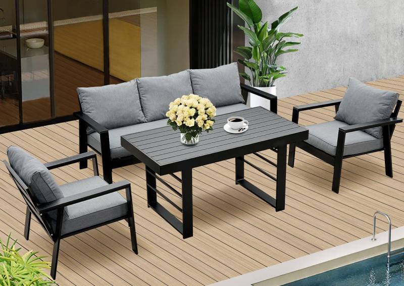 MeXo Gartenlounge-Set Gartenmöbel Set Aluminium 5-6 Personen, wetterfest, (Garten Essgruppe, Belastbarkeit pro Sitzplatz 140 kg, 4-tlg., mit ergonomischen Sesseln und extra dicken Kissen), Dining loungeset outdoot für Essen & Entspannen im Freien von MeXo