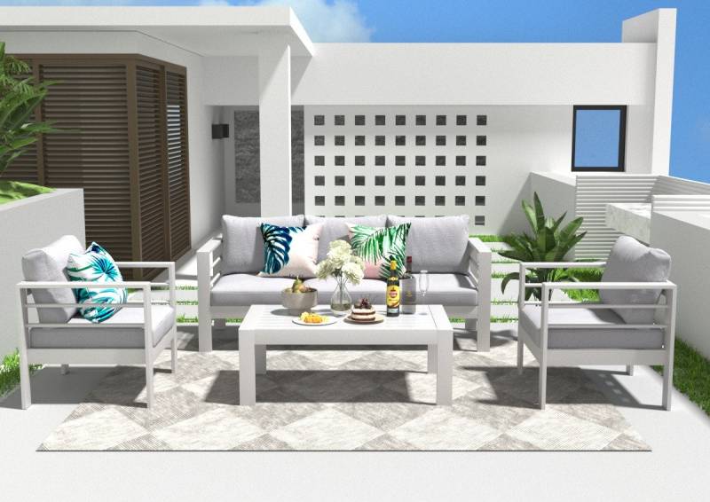 MeXo Gartenlounge-Set Gartenmöbel Set Aluminium 5 Personen outdoor wetterfest, (weiß, harmonieren mit Licht bei Nacht, 4-tlg., Passt zum skandinavischen, mediterranen oder minimalistischen Stil), Terrassenmöbel Set mit 8 cm breite Armlehnen, Tischplatte aus WPC von MeXo