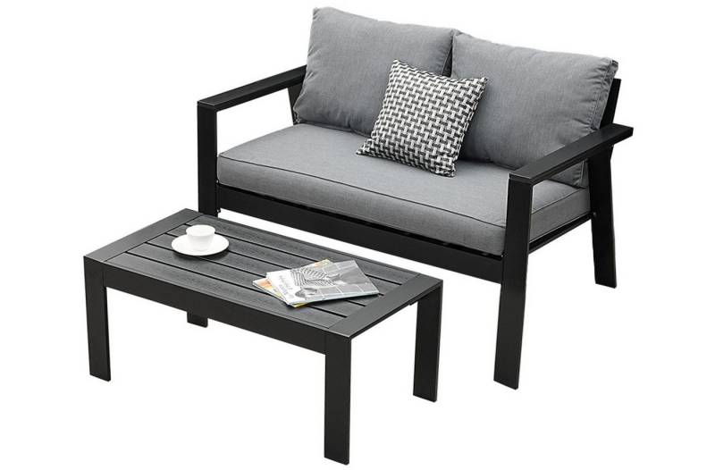 MeXo Gartenlounge-Set Balkonmöbel Set 2 Personen Aluminium wetterfest Hochlehner 2 Sitzer, (Einteiliges Premium Sitzkissen 10cm, 2-tlg., Loungetisch 100x50cm), Balkontisch Balkonsofa Set, Balkon Lounge Set 2 Personen von MeXo