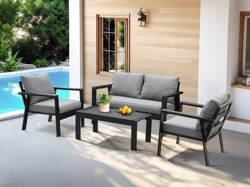 MeXo Gartenlounge-Set Gartenmöbel Set Aluminium Loungeset für Terrasse Balkon, (Balkonset 4 Personen, 4-tlg., 1×2-Sitzer Sofa, 2×Einzelsessel, 1×Couchtisch, 7×Auflagen), wetterfest Sitzgruppe Essgruppe Gartengarnitur von MeXo