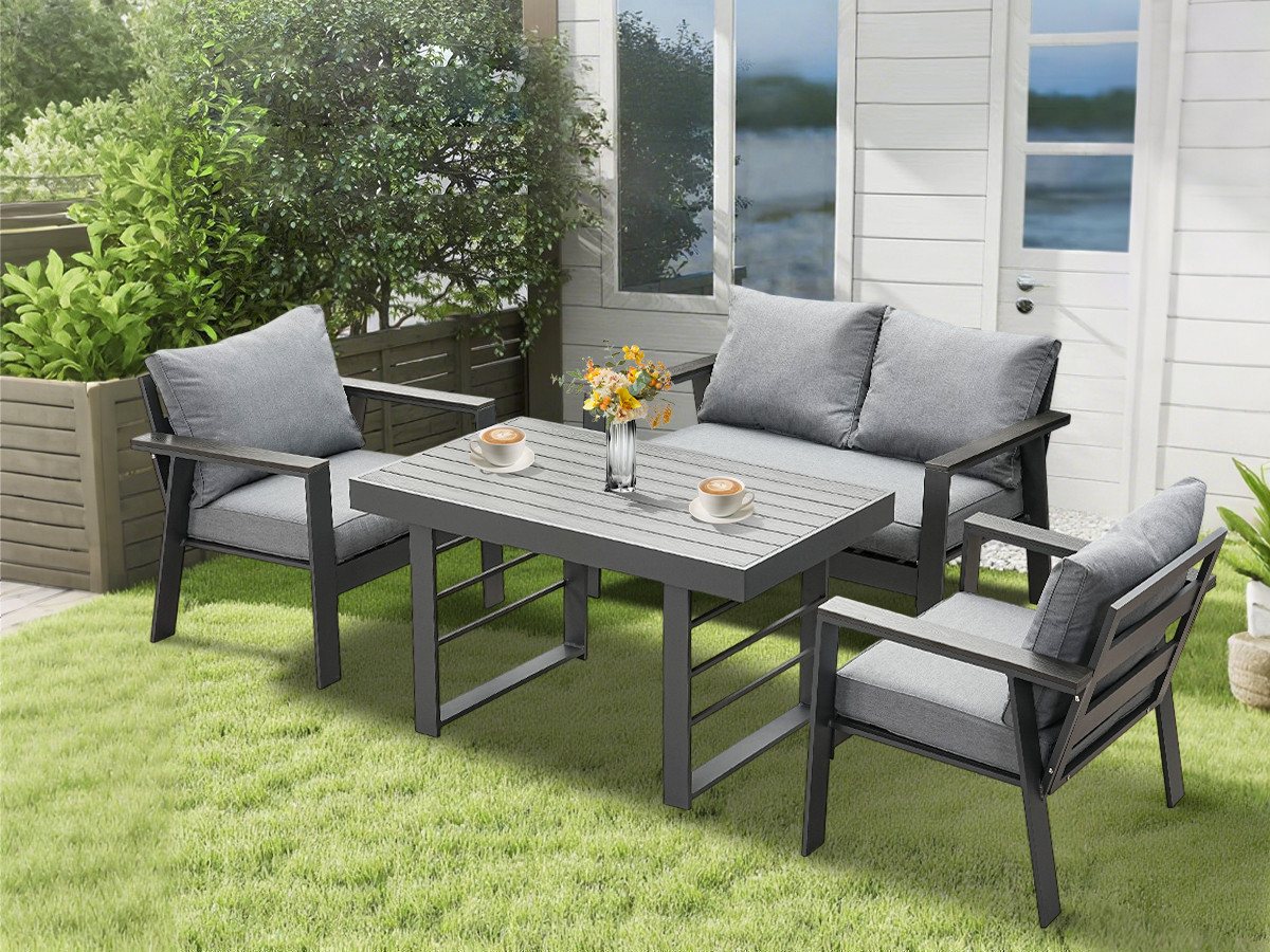 MeXo Gartenlounge-Set Gartenmöbel Set Aluminium Loungeset für Terrasse Balkon, (Garten Essgruppe 4 Personen, 4-tlg., 1×2-Sitzer Sofa, 2×Einzelsessel, 1×Esstisch, 7×Auflagen), wetterfest Sitzgruppe Essgruppe Gartengarnitur von MeXo