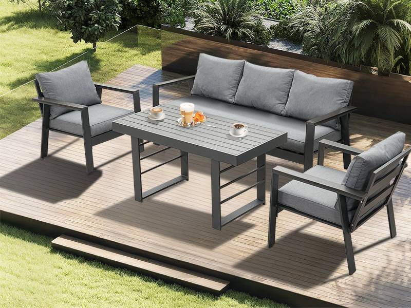 MeXo Gartenlounge-Set Gartenmöbel Set Aluminium Loungeset für Terrasse Balkon, (Garten Essgruppe 4 Personen, 4-tlg., 1×3-Sitzer Sofa, 2×Einzelsessel, 1×Esstisch, 8×Auflagen), wetterfest Sitzgruppe Essgruppe Gartengarnitur von MeXo